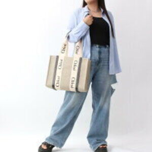 Chloe Full Woody Blue Beige White Navy Blue Tote Bag